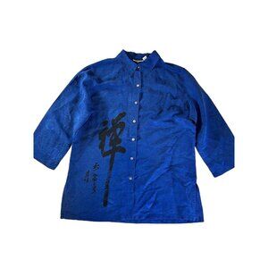 Chico's Blue Embroidered 3/4 Sleeve Button-Down Shirt Zen Script Top Size 1